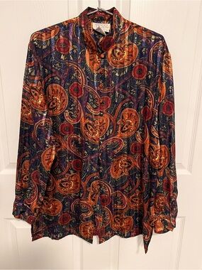 Vintage Tess Blouse Retro Bold Long-Sleeve Paisley Button-Up Shirt